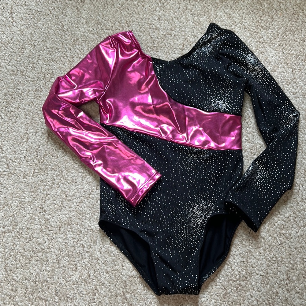 Long sleeve leotard, black with silver dots, metallic pink